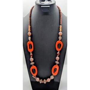 Vintage 70s Wood Orange Resin Bead 32" Over the Head Necklace